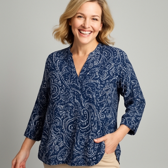 Carole Little Woman 1X Navy White Floral Paisley 100% Linen Button Blouse Coast - Picture 1 of 6